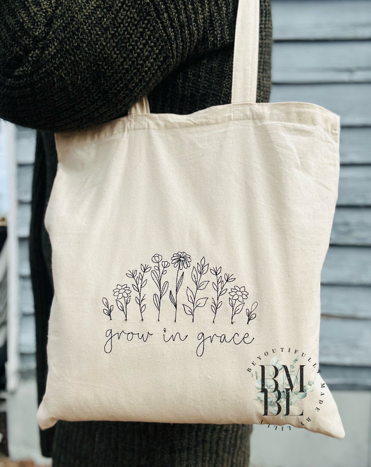 Grow in Grace embroidered tote bag