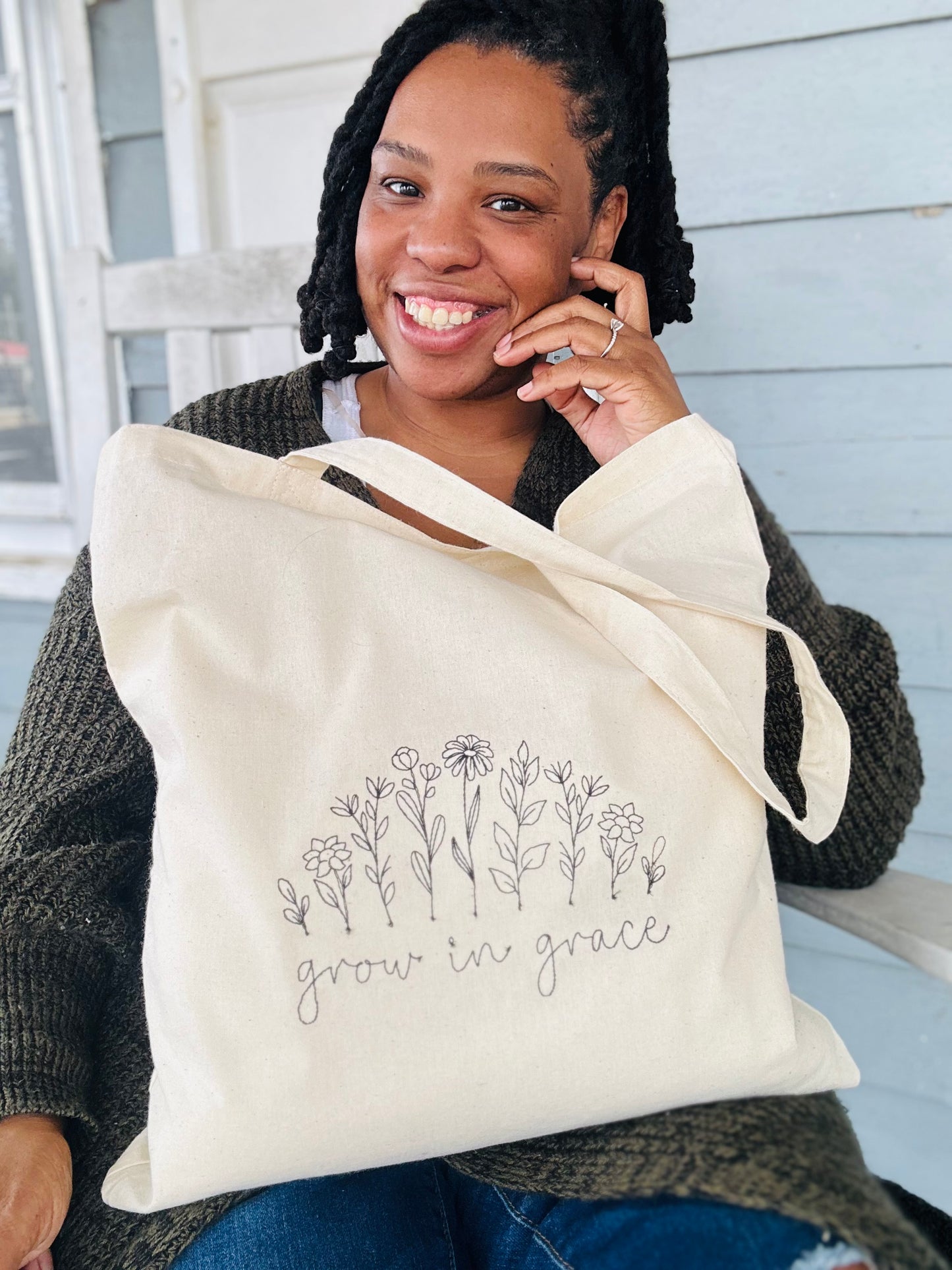 Grow in Grace embroidered tote bag