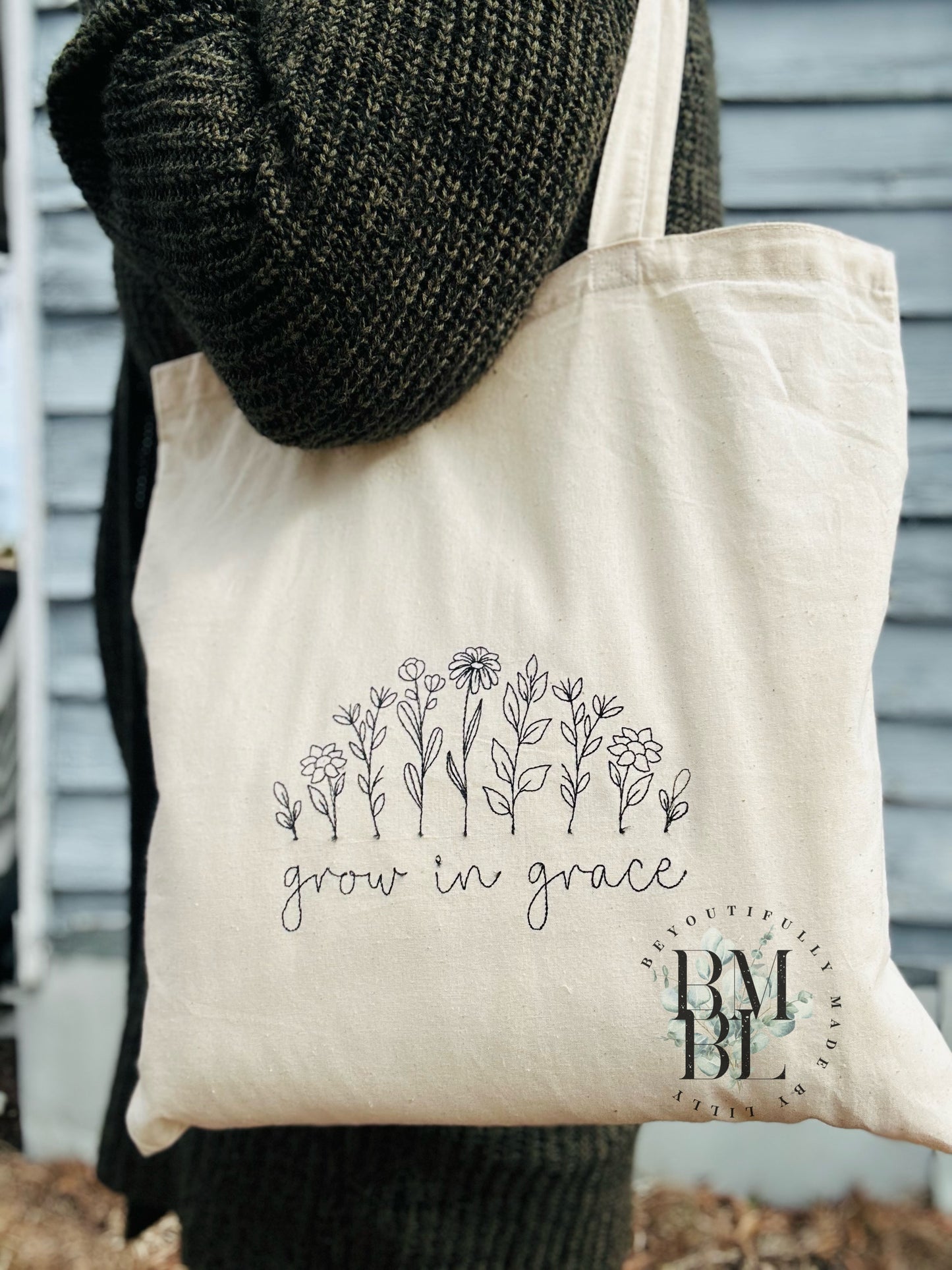 Grow in Grace embroidered tote bag